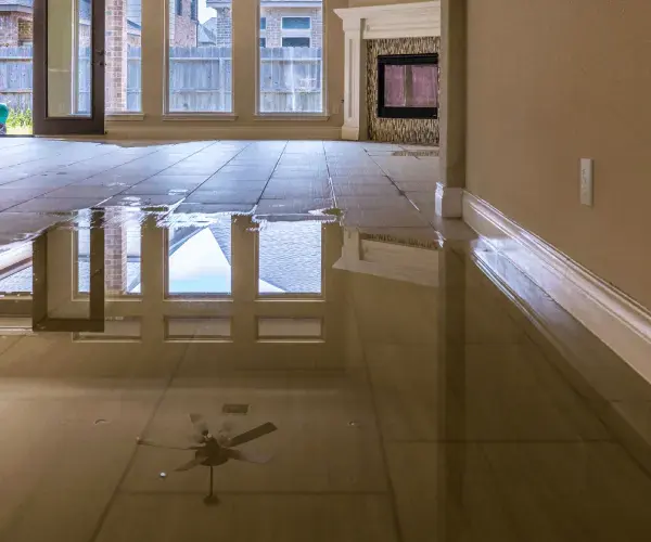 Standing water across a tiled living room floor before extraction