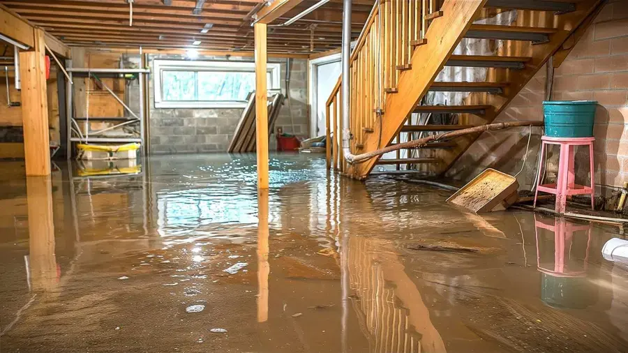 Flooded unfinished basement with water across the floor by the stairs in Sammamish, WA