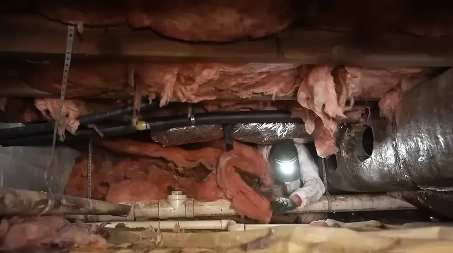Wet pink insulation sagging between floor joists in a crawl space in Sammamish, WA